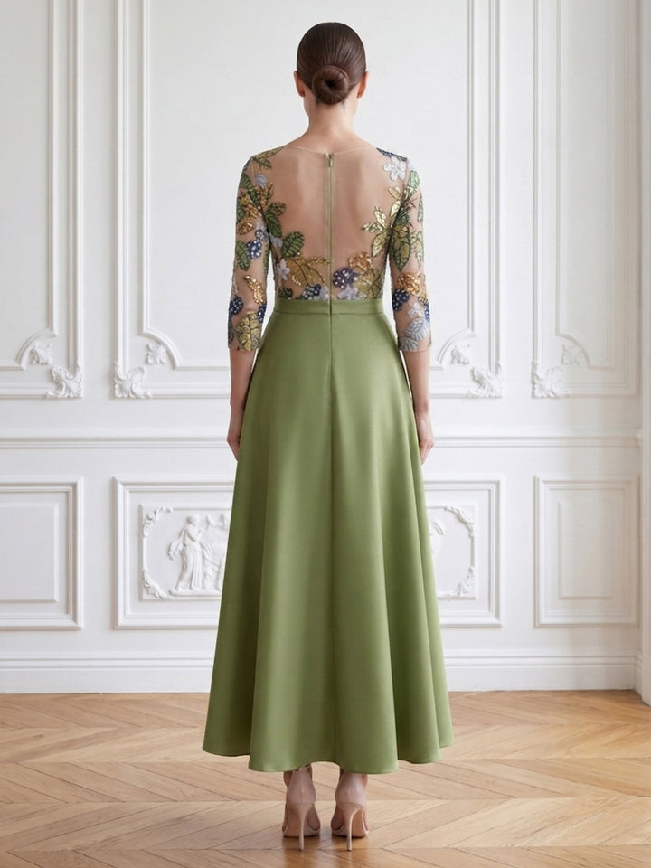 Satin A Line Jewel Neck High Waist Evening Dresses