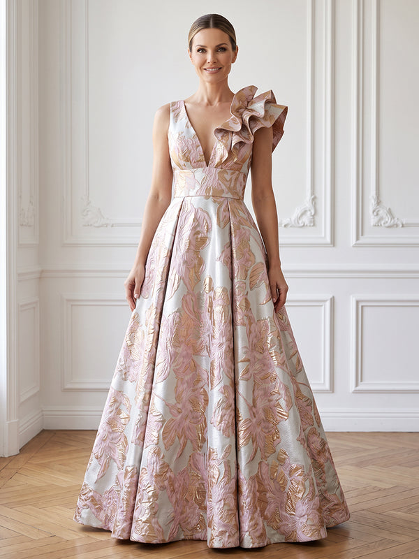 Jacquard A Line V Neck High Waist Evening Dresses