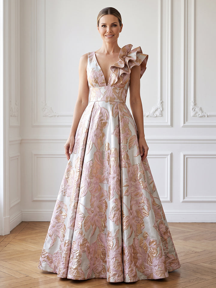 Jacquard A Line V Neck High Waist Evening Dresses