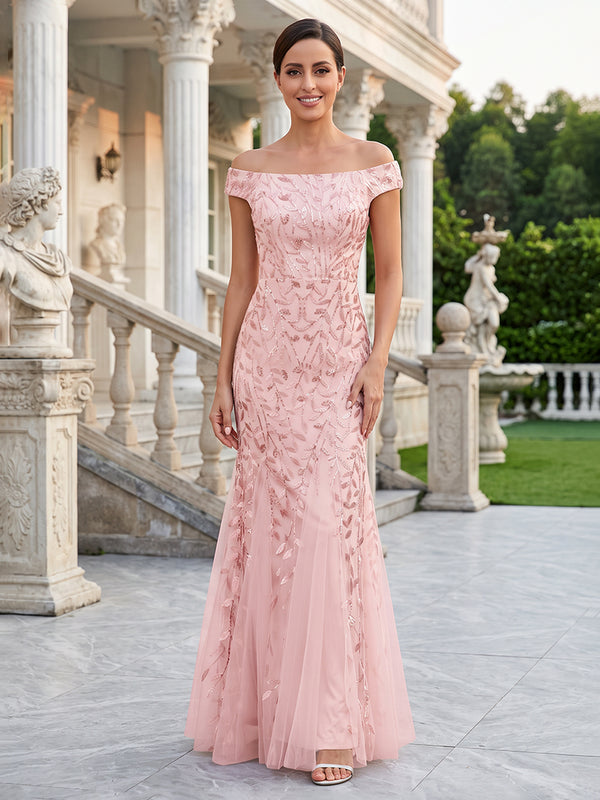Sequin Floral Mermaid Off the Shoulder Sequin Embroidery Evening Dresses