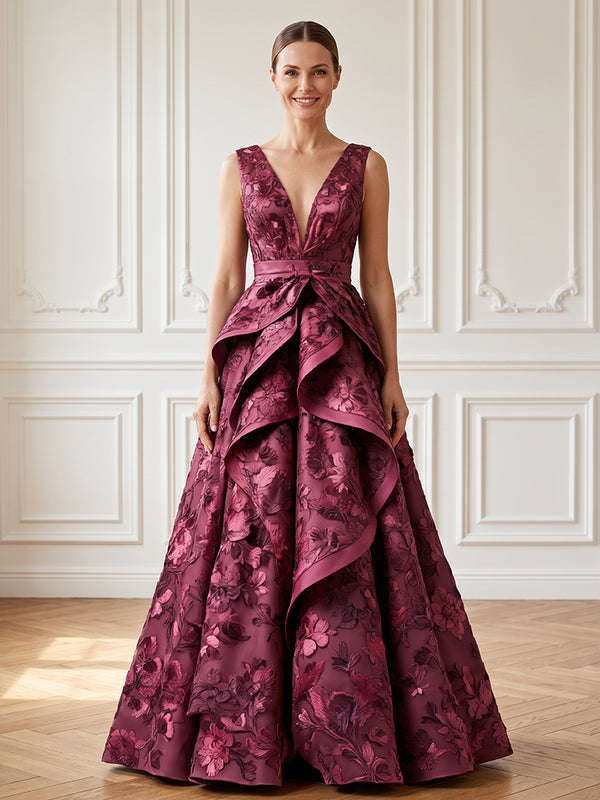Satin A Line V Neck Ruffles High Waist Evening Dresses