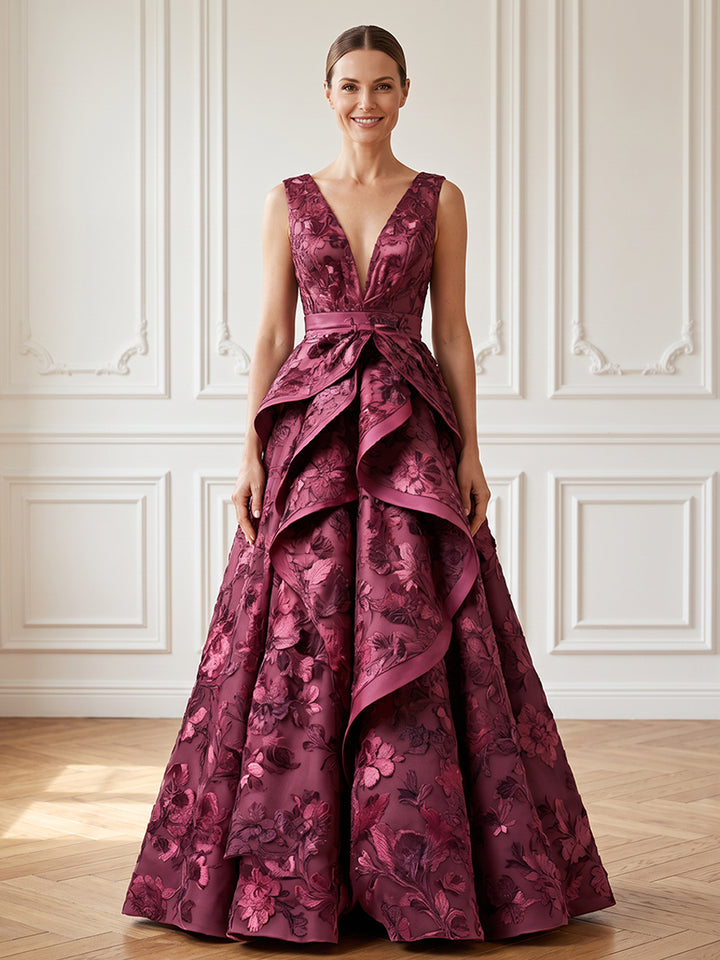 Satin A Line V Neck Ruffles High Waist Evening Dresses