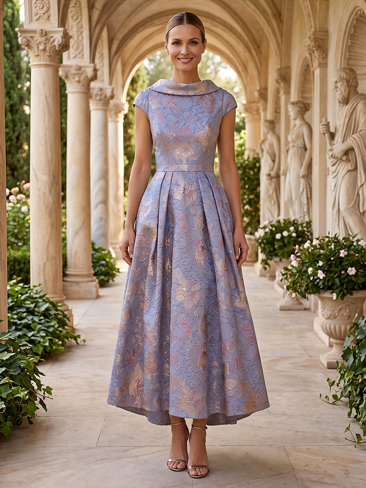Jacquard A Line Cowl Neck Pleats High Waist Evening Dresses