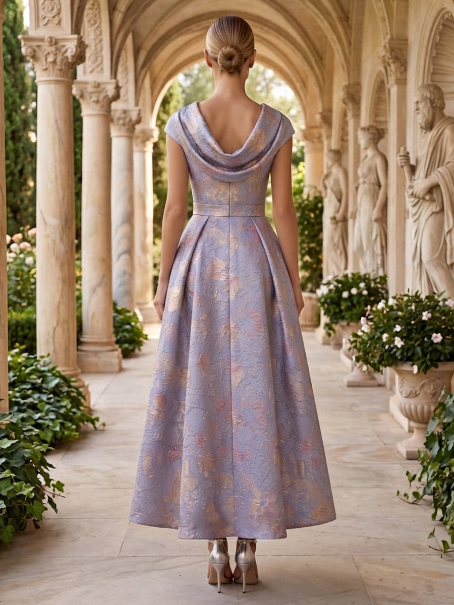 Jacquard A Line Cowl Neck Pleats High Waist Evening Dresses