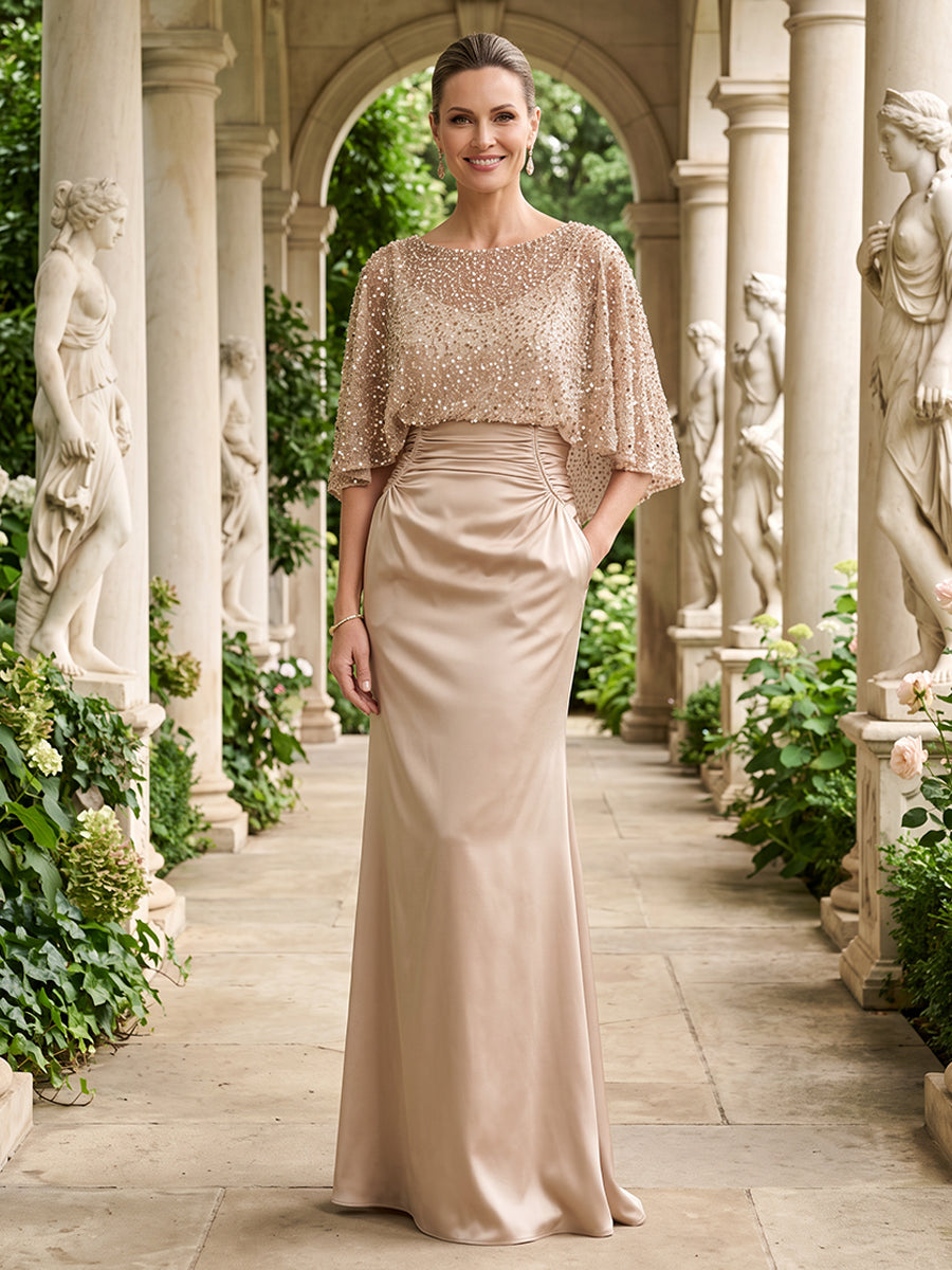 Satin Mermaid Jewel Neck Ruched Waist Cap Evening Dresses