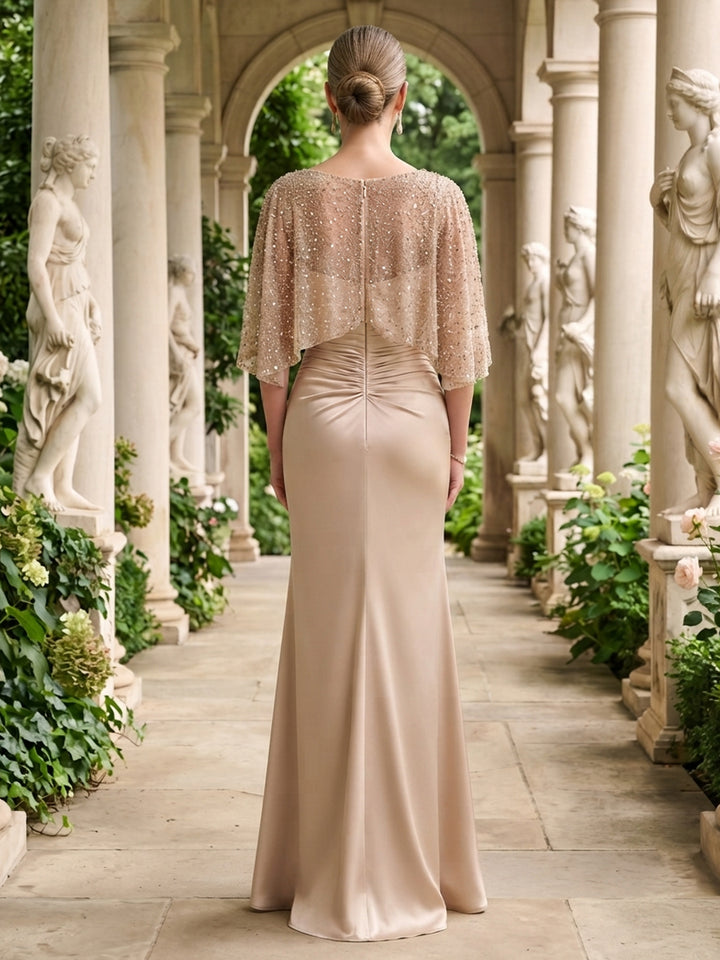 Satin Mermaid Jewel Neck Ruched Waist Cap Evening Dresses