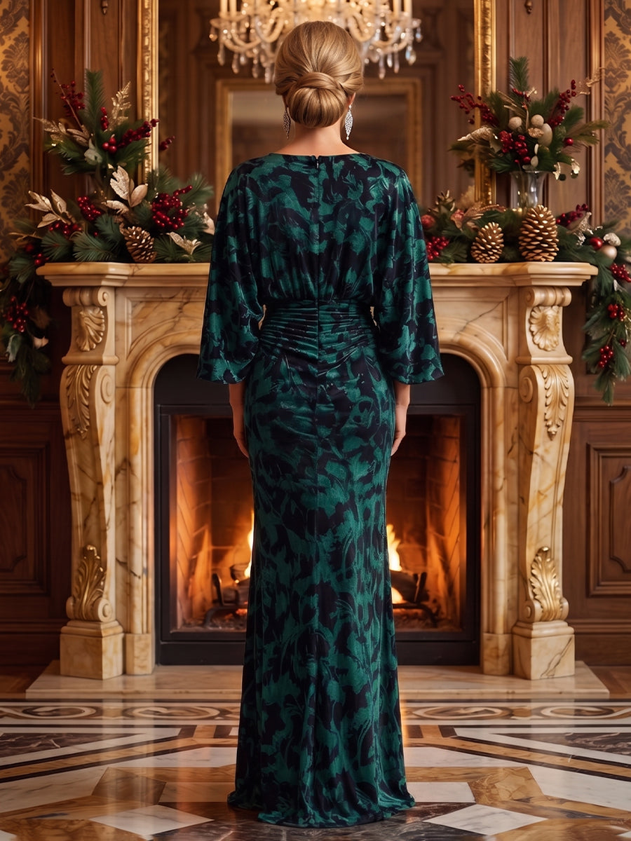 Burnout Velvet Mermaid Jewel Neck Ruched Waist Evening Dresses