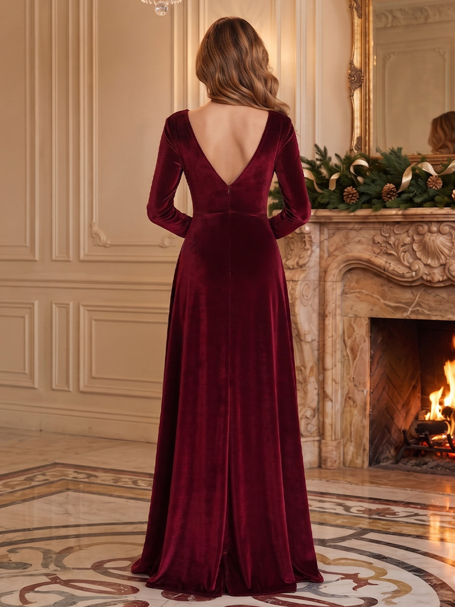 Velvet A Line Square Neck Side Slit Evening Dresses