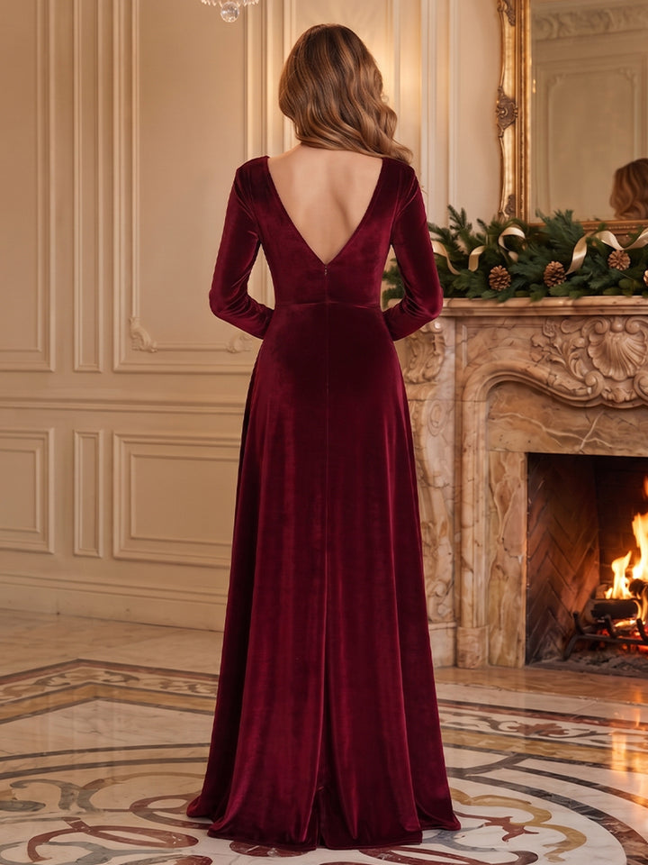 Velvet A Line Square Neck Side Slit Evening Dresses