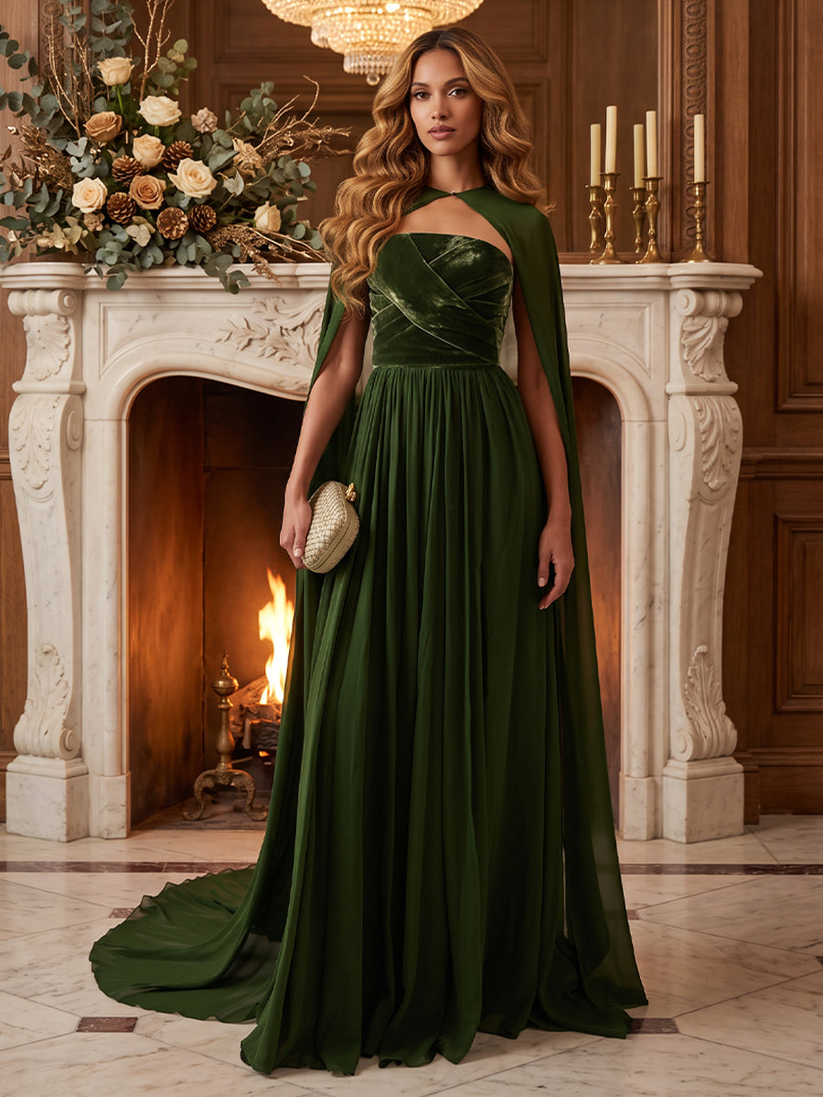 Velvet A Line Strapless with Cape Pleated Evening Dresses