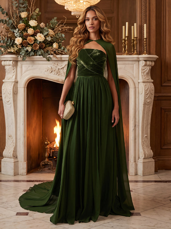 Velvet A Line Strapless with Cape Pleated Evening Dresses