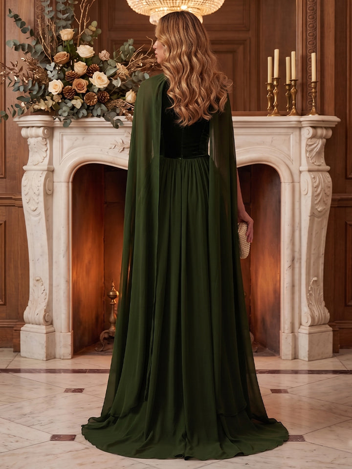 Velvet A Line Strapless with Cape Pleated Evening Dresses