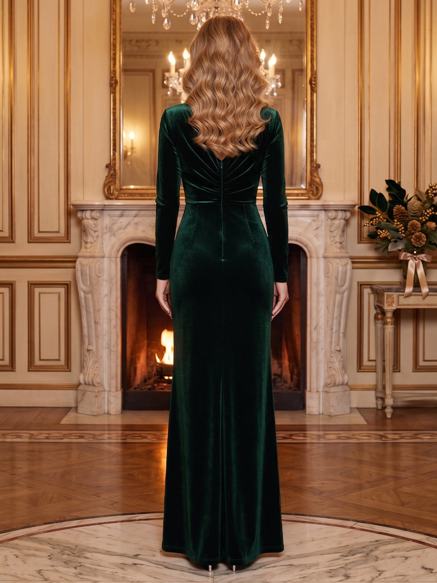 Velvet Mermaid V Neck Ruched Bodice Evening Dresses
