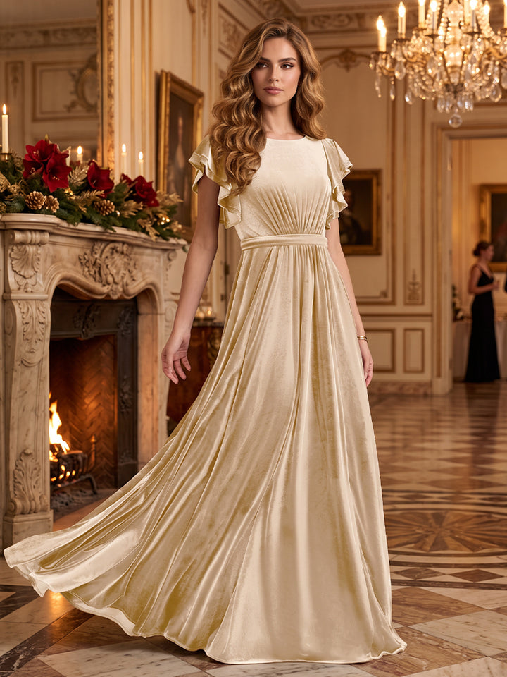 Velvet A Line Jewel Neck Pleats Evening Dresses