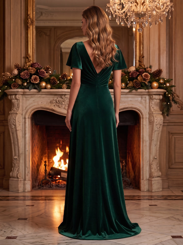 Velvet A Line V Neck Ruched Waist Evening Dresses
