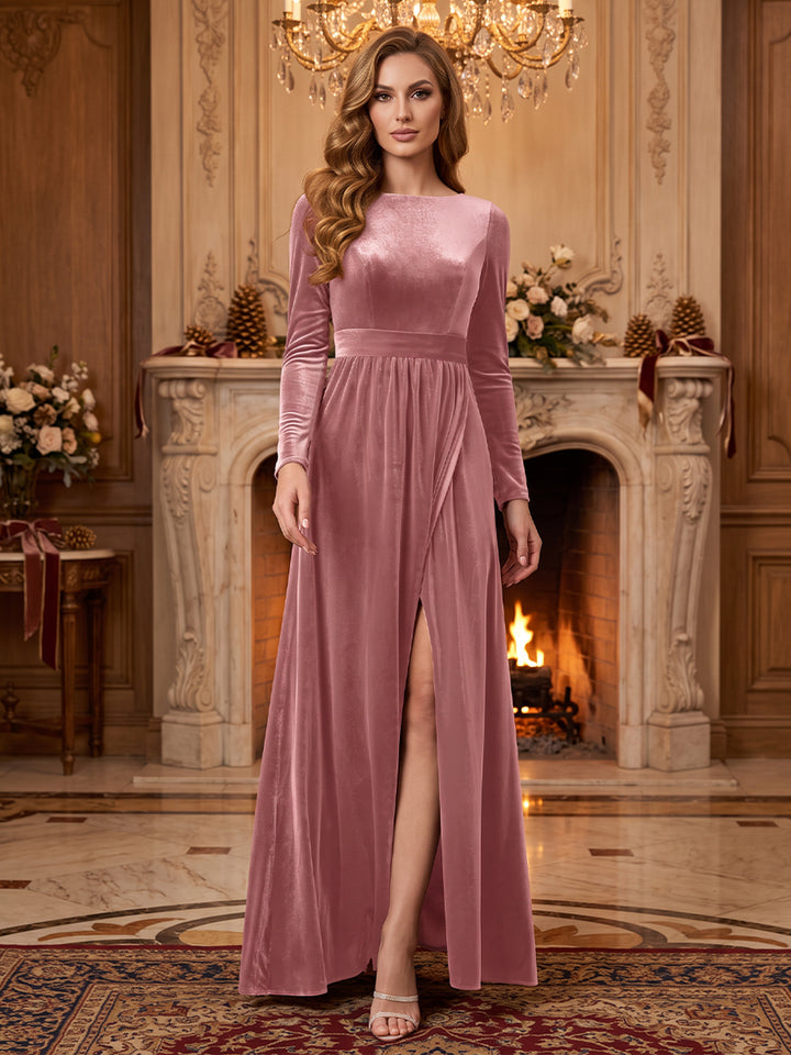 Velvet A Line Jewel Neck Front Slit Evening Dresses