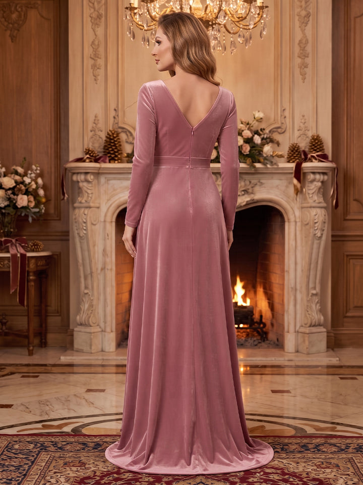 Velvet A Line Jewel Neck Front Slit Evening Dresses