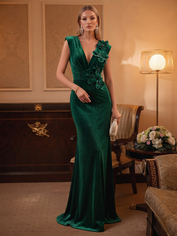 Velvet Mermaid V Neck Ruched Waist Evening Dresses