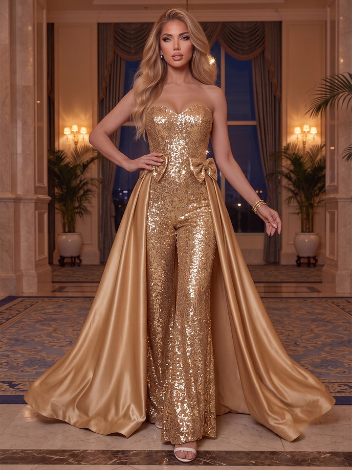 Sequin A Line Sweetheart Cape Jumpsuit Bow Evening Dresses