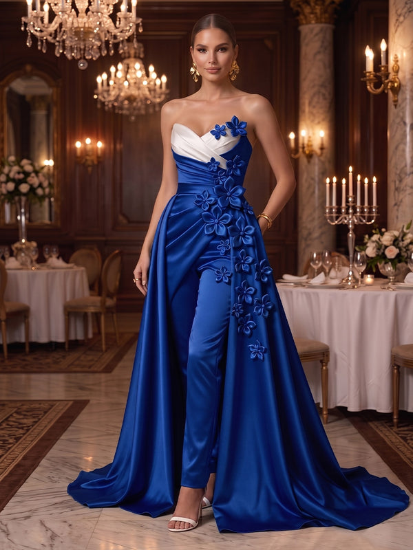 Satin A Line Sweetheart Jumpsuit Gown Ruched Waist Evening Dresses