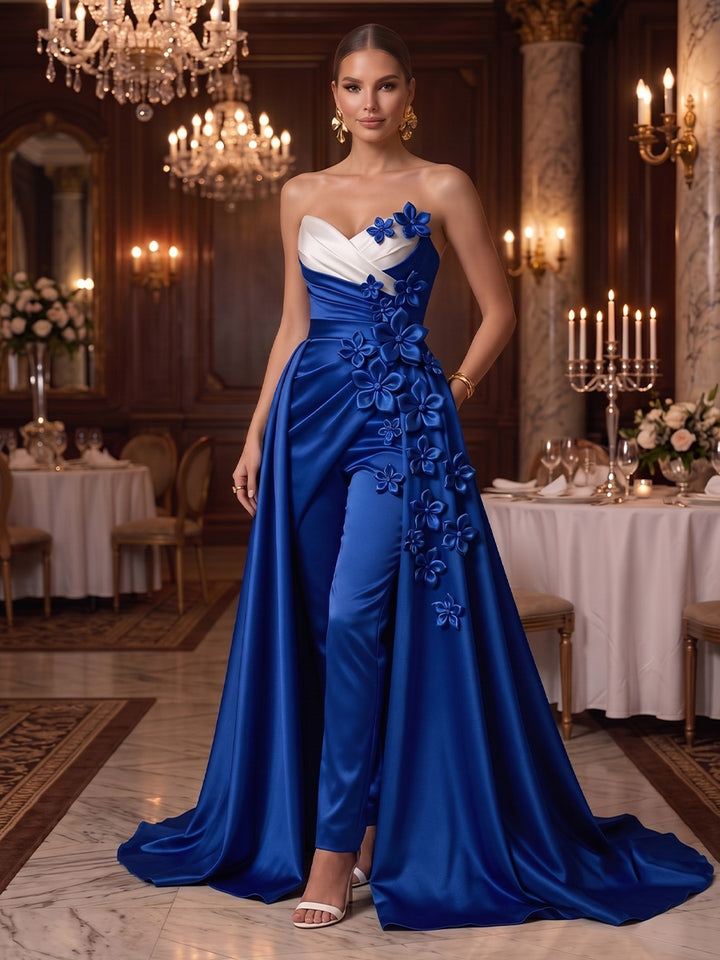 Satin A Line Sweetheart Jumpsuit Gown Ruched Waist Evening Dresses