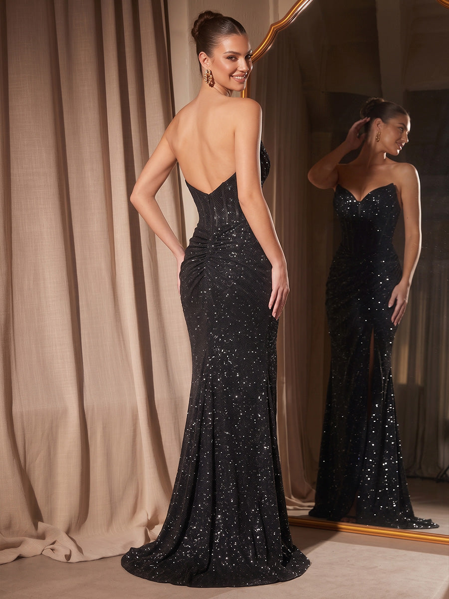 Sequin Mermaid Strapless Floor Length Ruched Slit Evening Dresses