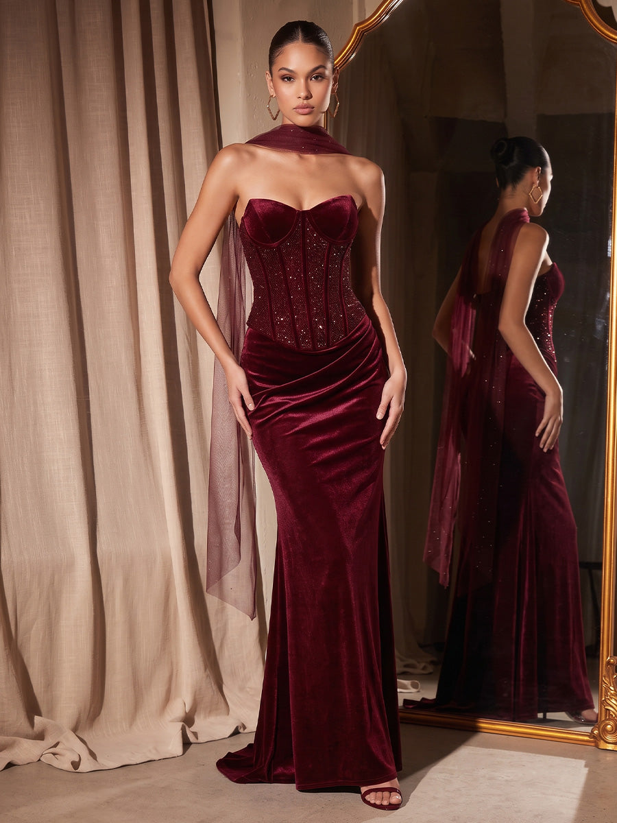 Velvet Mermaid Sweetheart Floor Length Corset Waist Evening Dresses