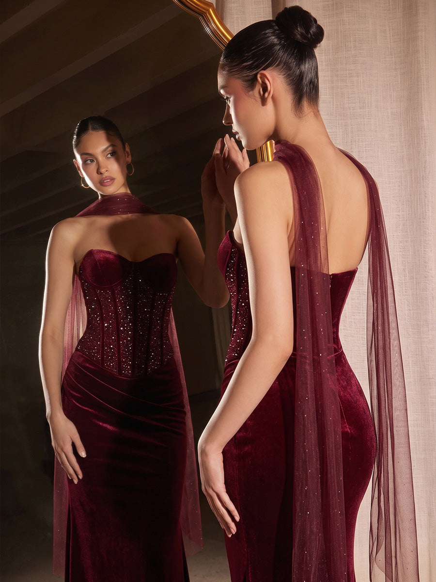 Velvet Mermaid Sweetheart Floor Length Corset Waist Evening Dresses