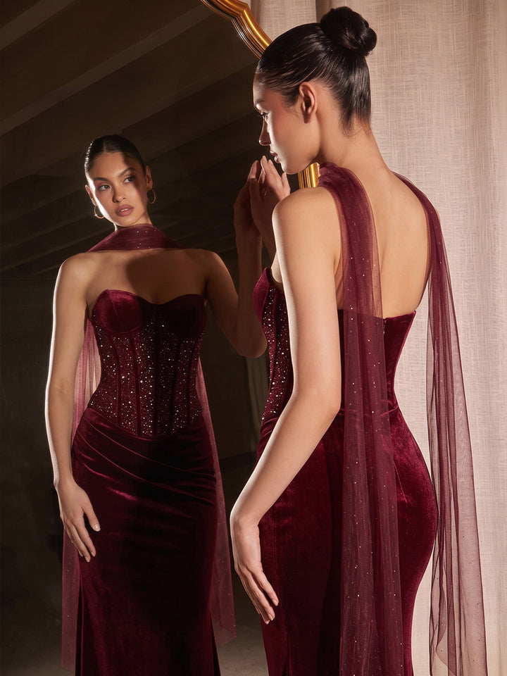 Velvet Mermaid Sweetheart Floor Length Corset Waist Evening Dresses