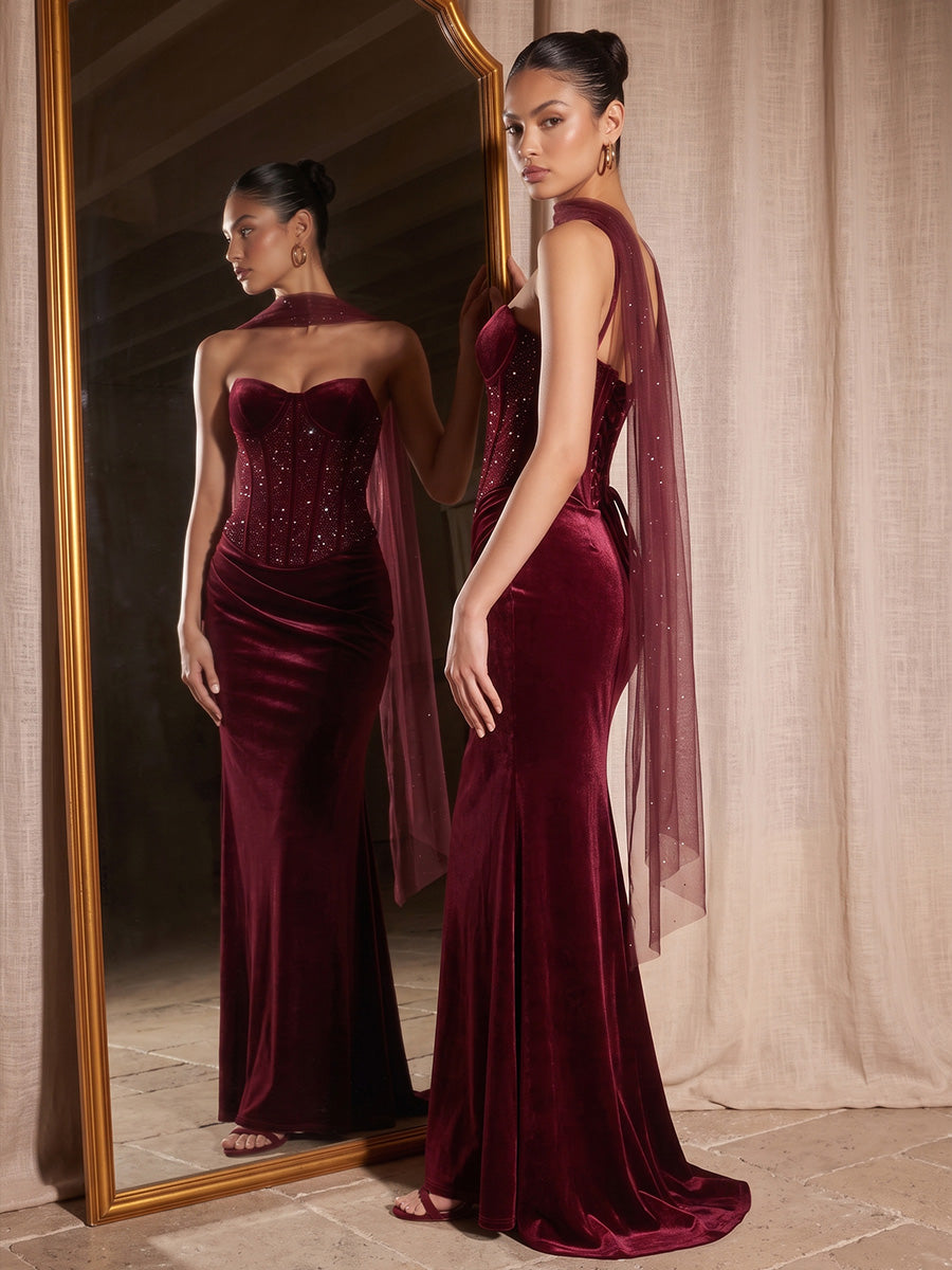 Velvet Mermaid Sweetheart Floor Length Corset Waist Evening Dresses