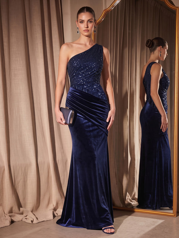 Velvet Mermaid One Shoulder Floor Length Ruched Evening Dresses
