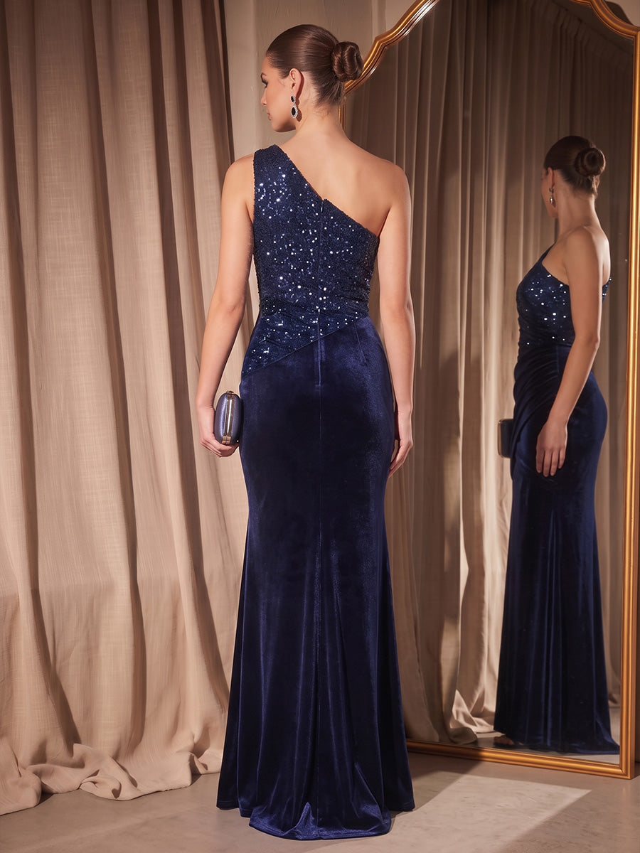 Velvet Mermaid One Shoulder Floor Length Ruched Evening Dresses