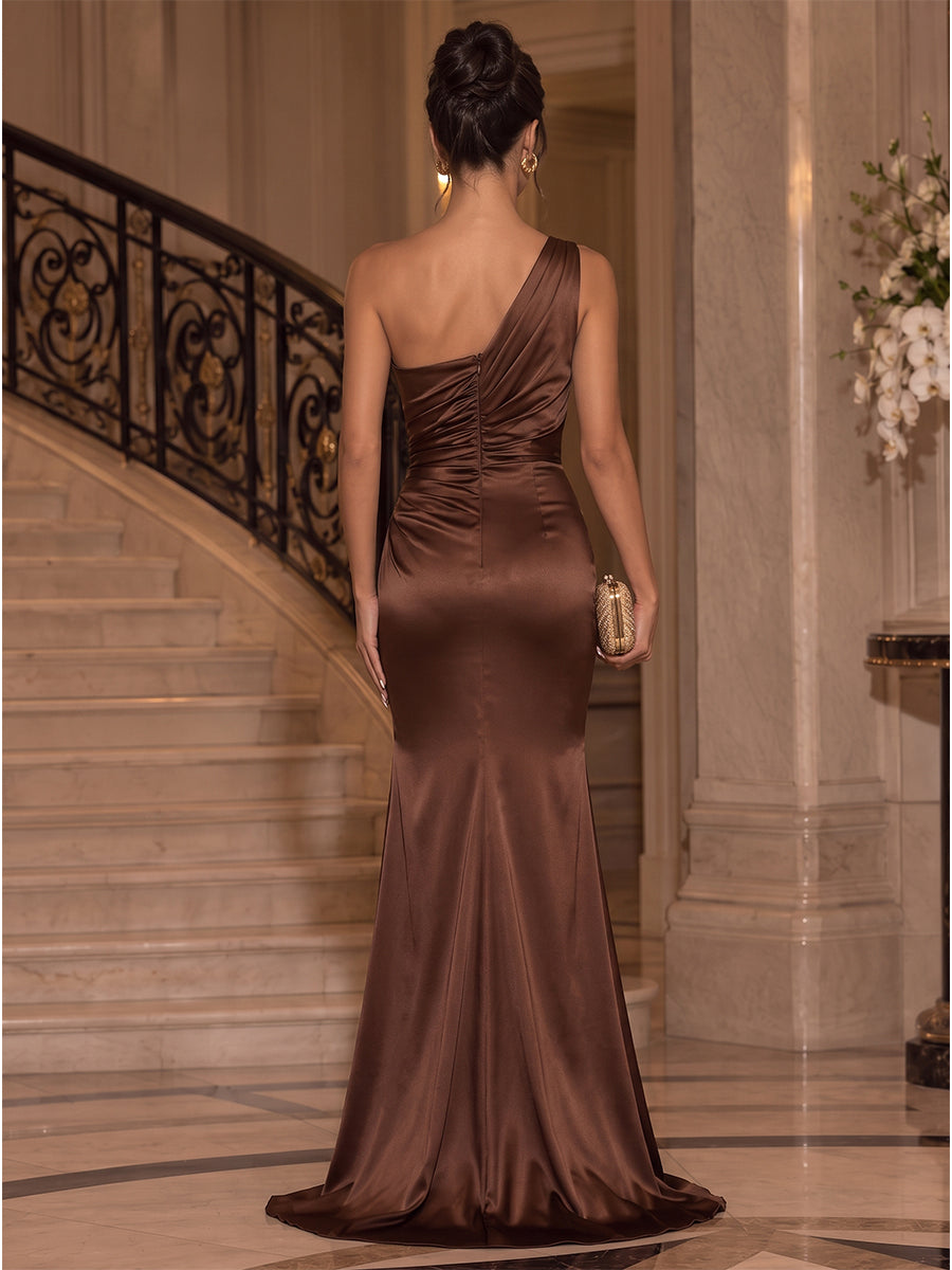 Satin Mermaid One Shoulder Floor Length Ruched Evening Dresses