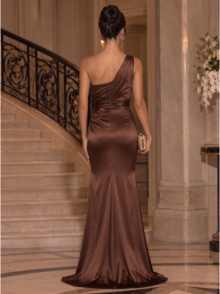 Satin Mermaid One Shoulder Floor Length Ruched Evening Dresses