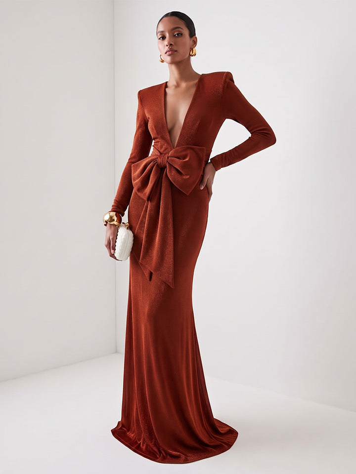Velvet Sheath V Neck Floor Length Structured Shoulder Evening Dresses