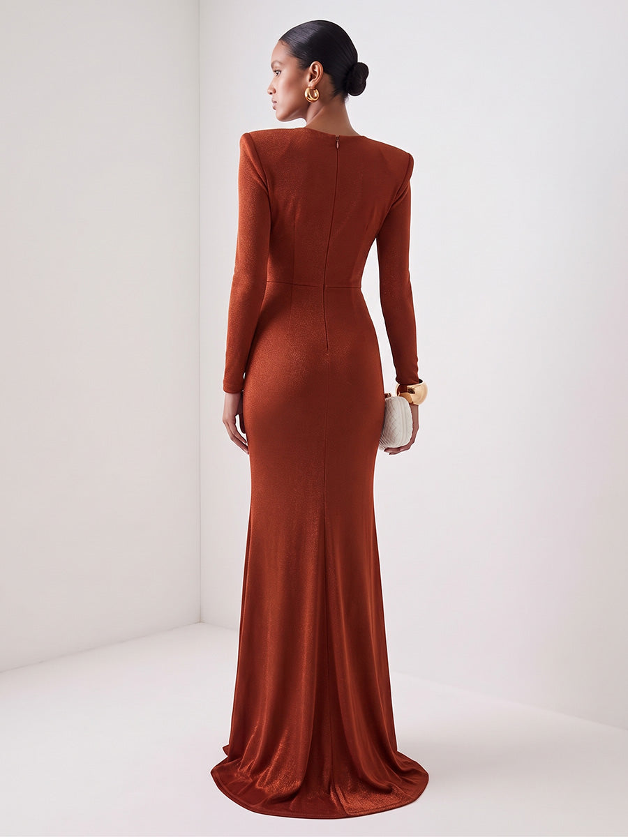Velvet Sheath V Neck Floor Length Structured Shoulder Evening Dresses