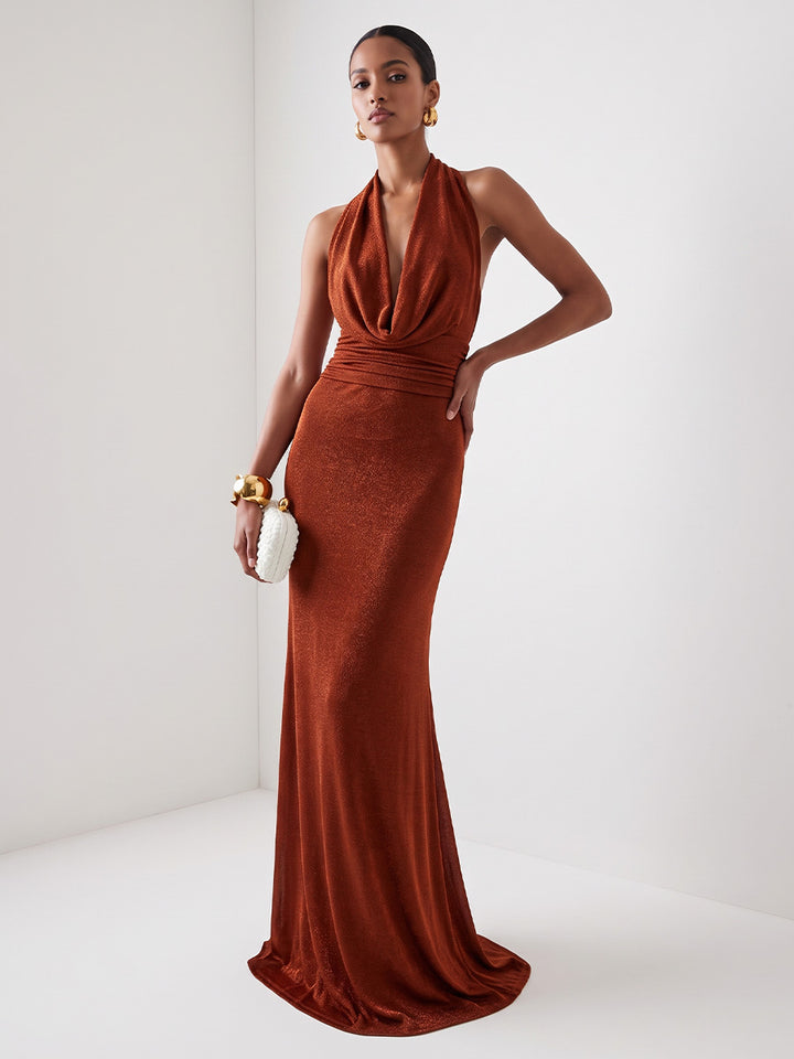 Velvet Sheath Cowl Neck Floor Length Ruched Evening Dresses