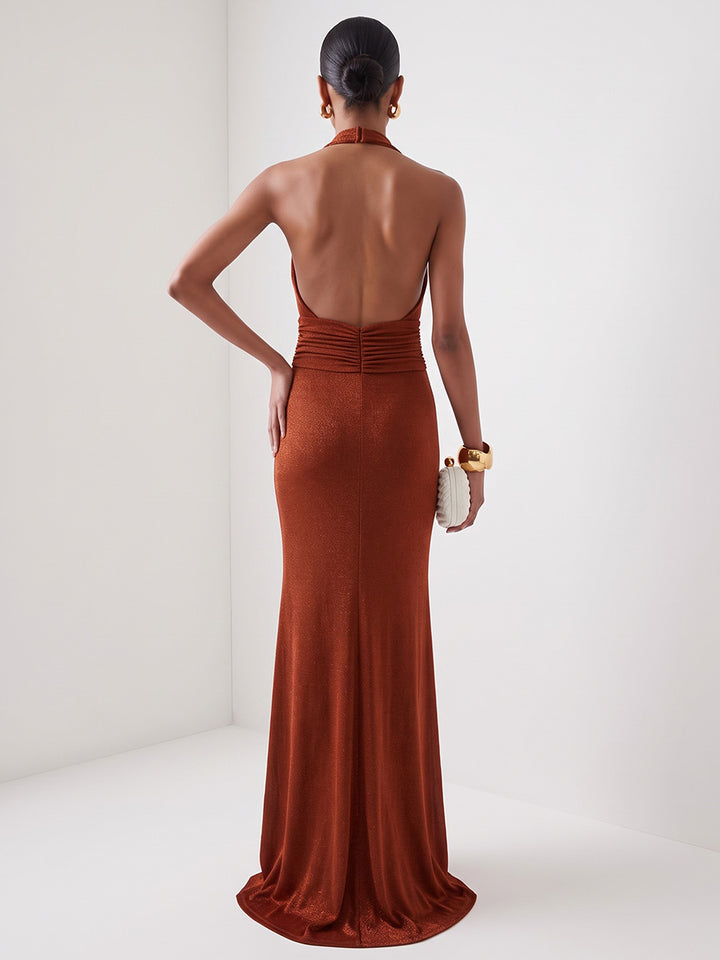 Velvet Sheath Cowl Neck Floor Length Ruched Evening Dresses