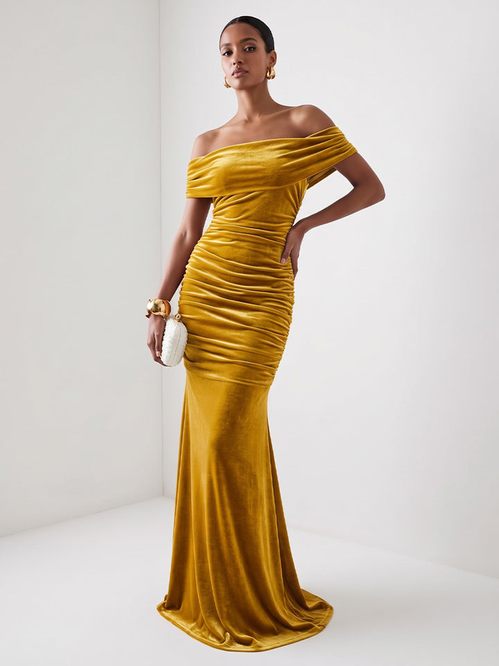 Velvet Sheath Off the Shoulder Floor Length Ruched Evening Dresses