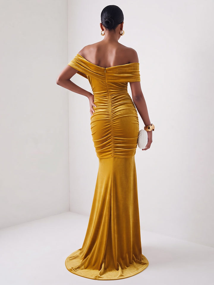 Velvet Sheath Off the Shoulder Floor Length Ruched Evening Dresses