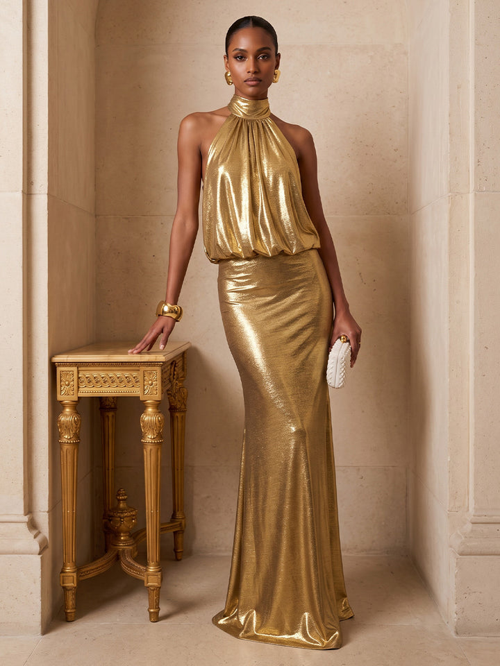 Metallic Satin Sheath Halter Floor Length Pleats Evening Dresses