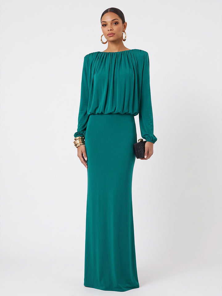 Satin Sheath Jewel Neck Floor Length Pleats Evening Dresses