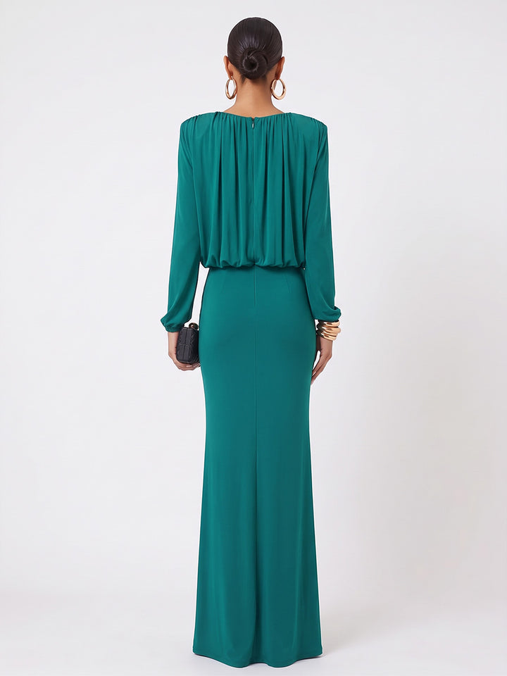 Satin Sheath Jewel Neck Floor Length Pleats Evening Dresses