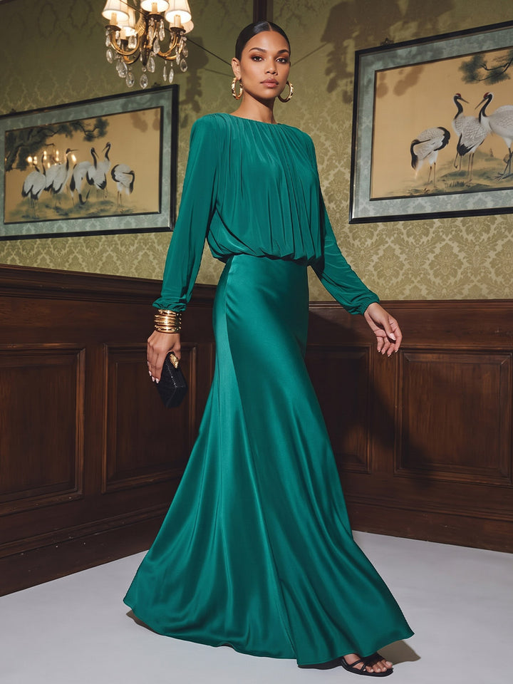 Satin Sheath Jewel Neck Floor Length Pleats Evening Dresses