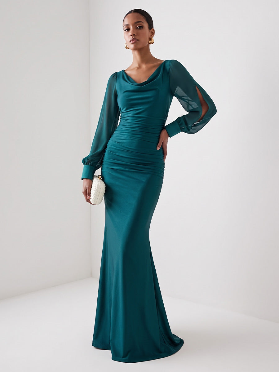Stretch Mesh Mermaid Cowl Neck Floor Length Ruched Evening Dresses