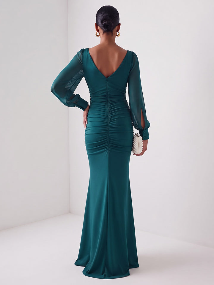Stretch Mesh Mermaid Cowl Neck Floor Length Ruched Evening Dresses