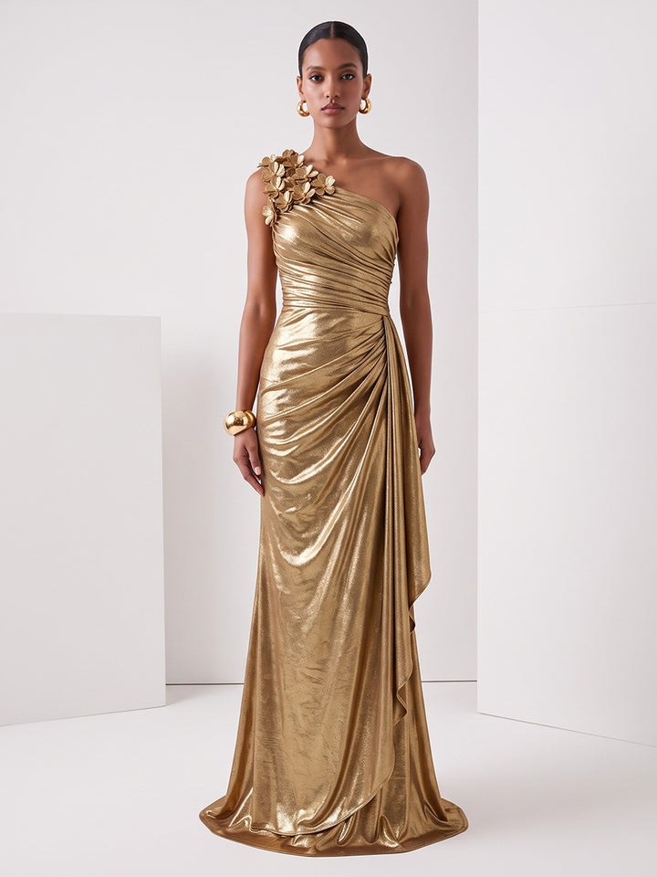 Metallic Satin Sheath One Shoulder Floor Length Ruched Evening Dresses