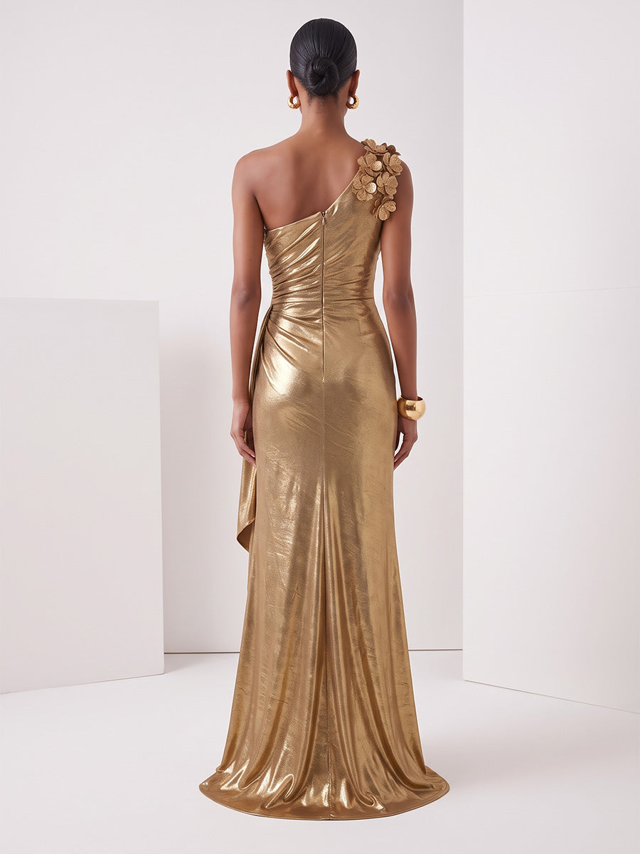 Metallic Satin Sheath One Shoulder Floor Length Ruched Evening Dresses