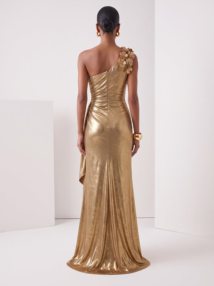 Metallic Satin Sheath One Shoulder Floor Length Ruched Evening Dresses