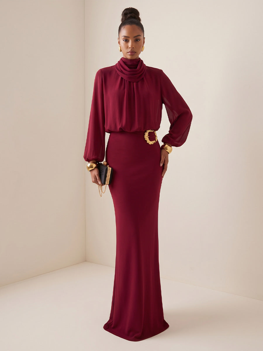 Chiffon Mermaid Cowl Neck Floor Length Sheer Sleeves Evening Dresses